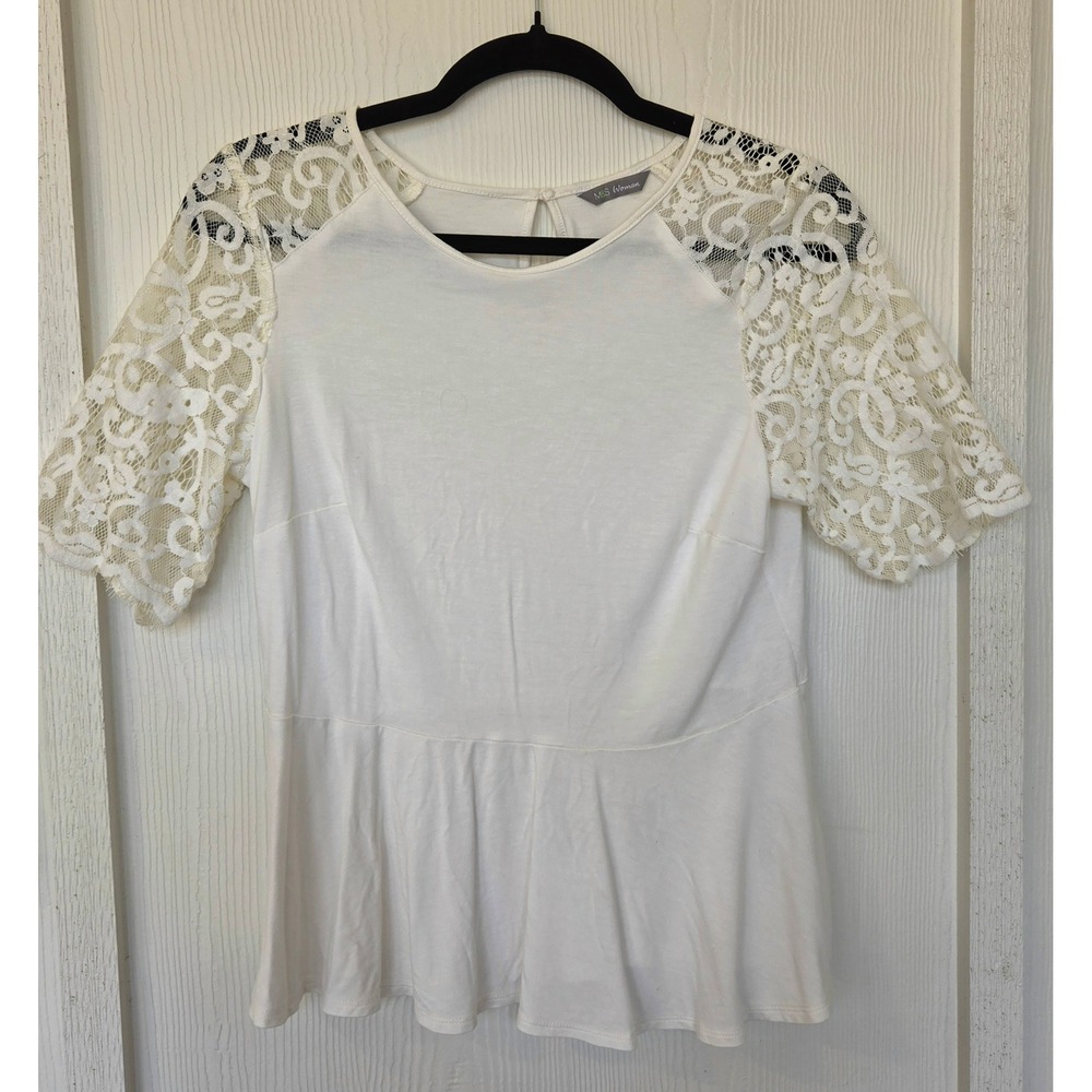 Ivory Lace Sleeve Keyhole Peplum Top US 10 Ren Faire Cottage Peasant Romantic